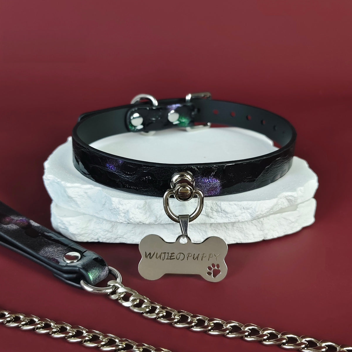Midnight collar close-up showing D-ring, engraved bone tag, and chain leash